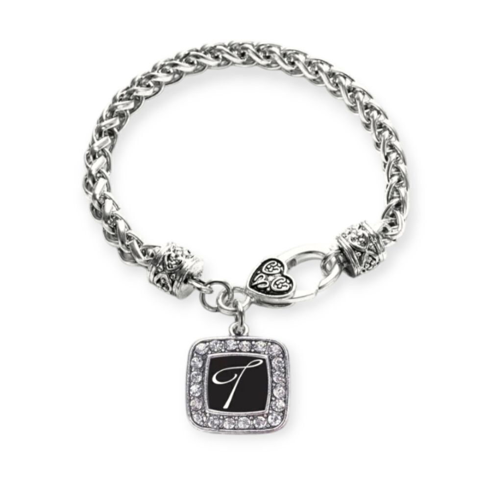 NEW INSPIRED SILVER BRAND LETTER T SQUARE CHARM BRAIDED BRACELET w/POUCH